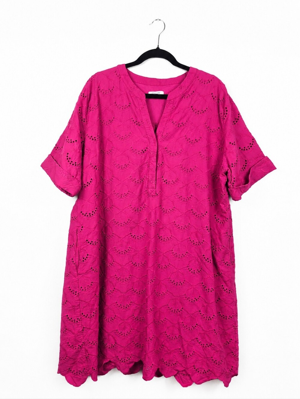 Chico's Pink Eyelet Cotton Tunic Dress Scalloped Hem Lined XL Size 3 Boho Resort